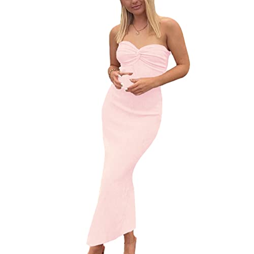 Sdencin Y2K Damen Sexy Twist Knoten vorne geripptes Strickkleid Bodycon Bandeau Tube Kleid Casual Solid Trägerloses Maxi Langes Kleid, Pink, Groß von Sdencin