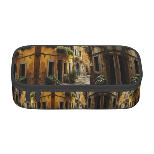 Italienisches Federmäppchen mit altem Straßendruck, großes Fassungsvermögen, Stifttasche für Erwachsene, Kosmetiktasche, Schwarz , 8.3"x3.7"x2", Federmäppchen von SdetYuia