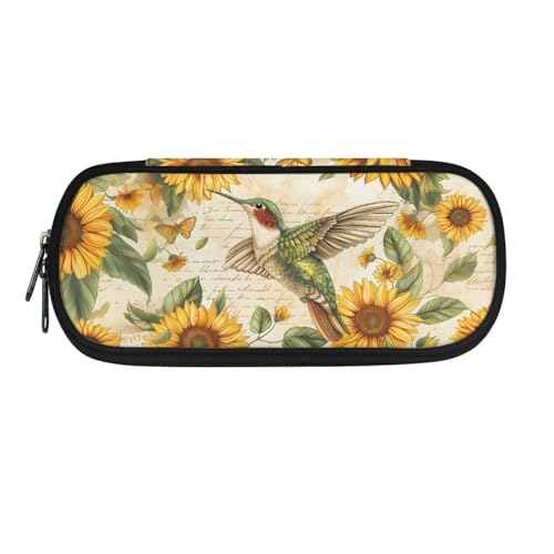 SdetYuia Bee Schulbedarfs-Federmäppchen mit Reißverschluss, Make-up, Farbtasche, Kosmetiktasche, Mehrzweck-Panzil-Etui, Tasche für Damen und Mädchen, Sonnenblume und Kolibri, 8.8"x1.7"x4.1", von SdetYuia