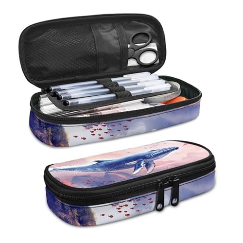 SdetYuia Bohemia Dahlie Federmäppchen, ethnisches Blumenmuster, großes Fassungsvermögen, Damast-Blumenmuster, langlebige Schreibwaren-Aufbewahrung, Organizer-Taschen für Teenager, Büro, Aquarell-Wal, von SdetYuia