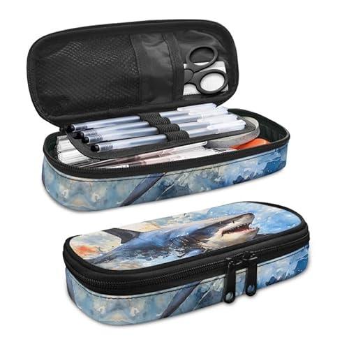 SdetYuia Bohemia Dahlie Federmäppchen, ethnisches Blumenmuster, großes Fassungsvermögen, Damast-Blumenmuster, langlebige Schreibwaren-Aufbewahrung, Organizer-Taschen für Teenager, Büro, Blauer Hai, von SdetYuia