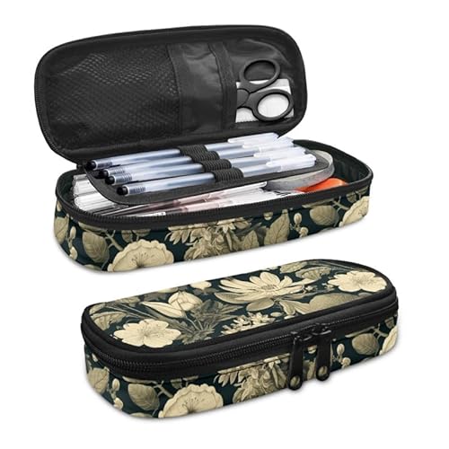 SdetYuia Bohemia Dahlie Federmäppchen, ethnisches Blumenmuster, großes Fassungsvermögen, Damast-Blumenmuster, langlebige Schreibwaren-Aufbewahrung, Organizer-Taschen für Teenager, Büro, Grün-weiße von SdetYuia