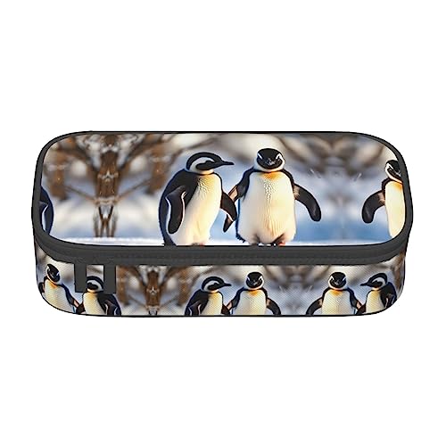 SdetYuia Federmäppchen, Motiv: junge Pinguine mit Schnee-Aufdruck, großes Fassungsvermögen, Stifteetui für Erwachsene, Kosmetiktasche, Schwarz , 8.3"x3.7"x2", Federmäppchen von SdetYuia