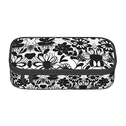 SdetYuia Federmäppchen mit Blumendruck, großes Fassungsvermögen, Stifteetui für Erwachsene, Kosmetiktasche, Schwarz und Weiß, Schwarz , 8.3"x3.7"x2", Federmäppchen von SdetYuia