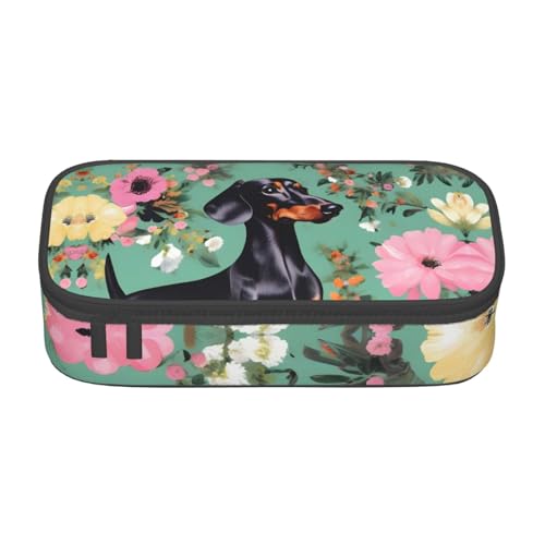 SdetYuia Federmäppchen mit Dackel-Blumendruck, großes Fassungsvermögen, Stifteetui für Erwachsene, Kosmetiktasche, Schwarz , 8.3"x3.7"x2", Federmäppchen von SdetYuia