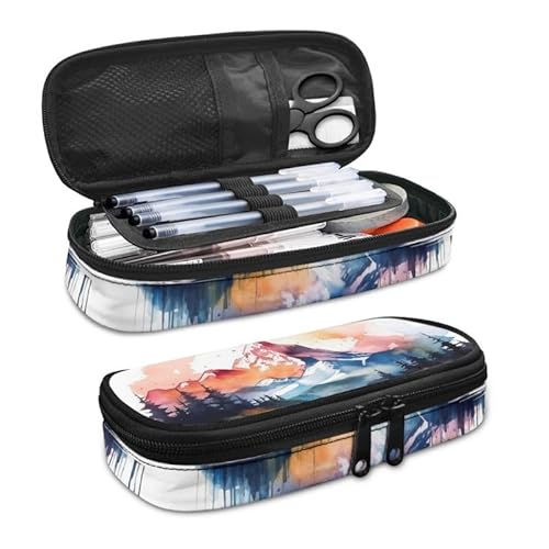 SdetYuia Federmäppchen mit Dahlien-Motiv, großes Fassungsvermögen, böhmische Dahlie, kleine Werkzeugtasche für Schule und Büro, Damast-Blumen, Reißverschluss, Bleistiftbeutel, Aquarell Alpen Berg, von SdetYuia