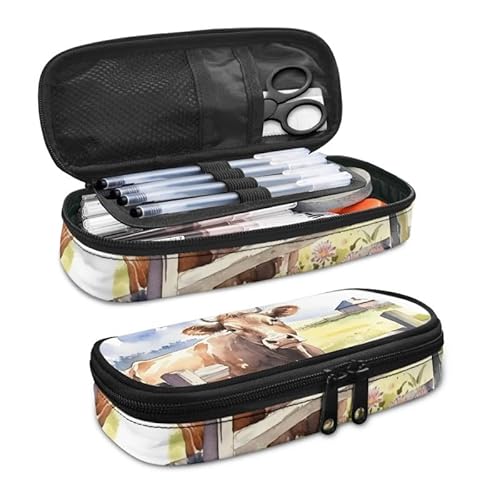 SdetYuia Federmäppchen mit Dahlien-Motiv, großes Fassungsvermögen, böhmische Dahlie, kleine Werkzeugtasche für Schule und Büro, Damast-Blumen, Reißverschluss, Bleistiftbeutel, Bauernmilch Kuh, von SdetYuia