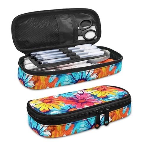 SdetYuia Federmäppchen mit Dahlien-Motiv, großes Fassungsvermögen, böhmische Dahlie, kleine Werkzeugtasche für Schule und Büro, Damast-Blumen, Reißverschluss, Bleistiftbeutel, Buntes Gänseblümchen, von SdetYuia
