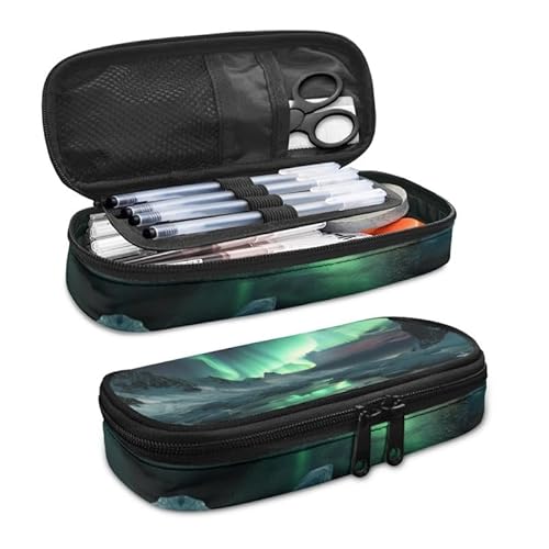 SdetYuia Federmäppchen mit Dahlien-Motiv, großes Fassungsvermögen, böhmische Dahlie, kleine Werkzeugtasche für Schule und Büro, Damast-Blumen, Reißverschluss, Bleistiftbeutel, Grüne Nordlichter, von SdetYuia