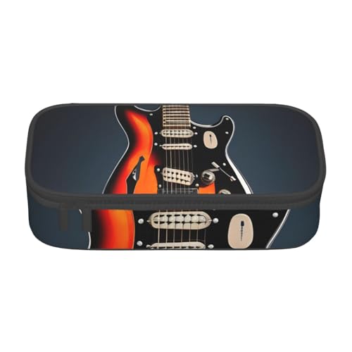 SdetYuia Federmäppchen mit E-Gitarren-Aufdruck, großes Fassungsvermögen, Stifttasche für Erwachsene, Kosmetiktasche, Orange, Schwarz , 8.3"x3.7"x2", Federmäppchen von SdetYuia