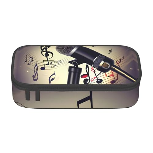 SdetYuia Federmäppchen mit Mikrofon mit Musiknoten-Druck, großes Fassungsvermögen, Stifttasche für Erwachsene, Kosmetiktasche, Schwarz , 8.3"x3.7"x2", Federmäppchen von SdetYuia