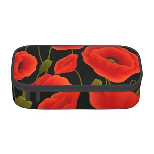 SdetYuia Federmäppchen mit Mohnblumen-Aufdruck, großes Fassungsvermögen, Stifttasche für Erwachsene, Kosmetiktasche, Schwarz , 8.3"x3.7"x2", Federmäppchen von SdetYuia