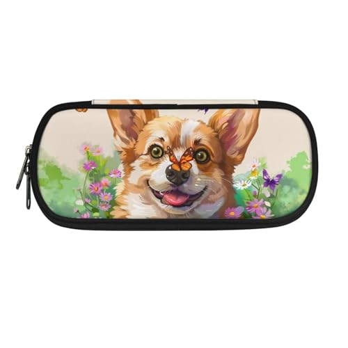 SdetYuia Federmäppchen mit Mops-Motiv und Sonnenblumen-Muster, ästhetisches Stifteetui, Kosmetiktasche, Make-up-Tasche, Schreibwaren-Organizer, Stiftebox mit Reißverschluss, Corgi von SdetYuia