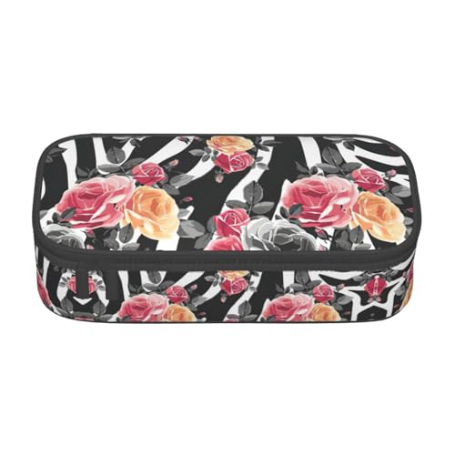 SdetYuia Federmäppchen mit Rosen, Blumen, Zebrastreifen, großes Fassungsvermögen, Stifteetui für Erwachsene, Kosmetiktasche, Schwarz , 8.3"x3.7"x2", Federmäppchen von SdetYuia