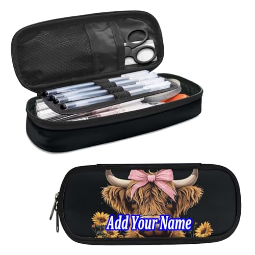 SdetYuia Federmäppchen mit Sonnenblumen-Motiv, ästhetisches Stifteetui mit Reißverschluss, für den Schulanfang, Schreibwaren, Organizer, Büro, Schulbedarf für Jungen und Mädchen, Highland Cow Black von SdetYuia