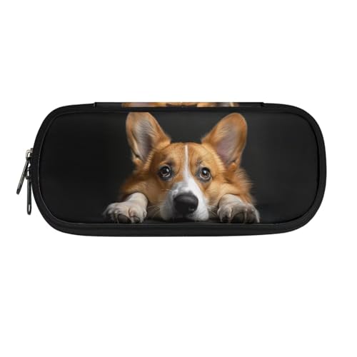 SdetYuia Federmäppchen mit Tannenzapfen und Blättern in Pilzform, Federtasche, schöne Schreibwarentasche mit glattem Reißverschluss, Corgi Black, 8.8"x1.7"x4.1", Federmäppchen von SdetYuia