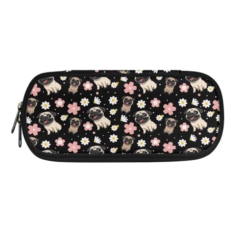 SdetYuia Federmäppchen mit Tannenzapfen und Blättern in Pilzform, Federtasche, schöne Schreibwarentasche mit glattem Reißverschluss, Mopsblume, schwarz, 8.8"x1.7"x4.1", Federmäppchen von SdetYuia