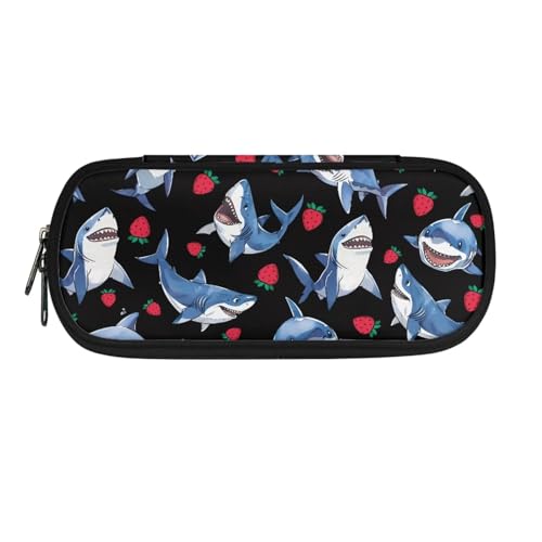 SdetYuia Federmäppchen mit Tannenzapfen und Blättern in Pilzform, Federtasche, schöne Schreibwarentasche mit glattem Reißverschluss, Shark Strawberry Black, 8.8"x1.7"x4.1", Federmäppchen von SdetYuia