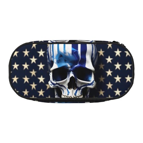 SdetYuia Federmäppchen mit blauen Streifen und Sternen und Totenkopf-Aufdruck, kleines Federmäppchen, Mehrzweck-Federmäppchen, Organizer, tragbare Federmäppchen, mehrfarbig, 8.3"x3.7"x2", von SdetYuia