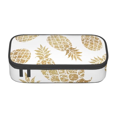 SdetYuia Federmäppchen mit goldenem Ananas-Hintergrund, großes Fassungsvermögen, Stifttasche für Erwachsene, Kosmetiktasche, Schwarz , 8.3"x3.7"x2", Federmäppchen von SdetYuia