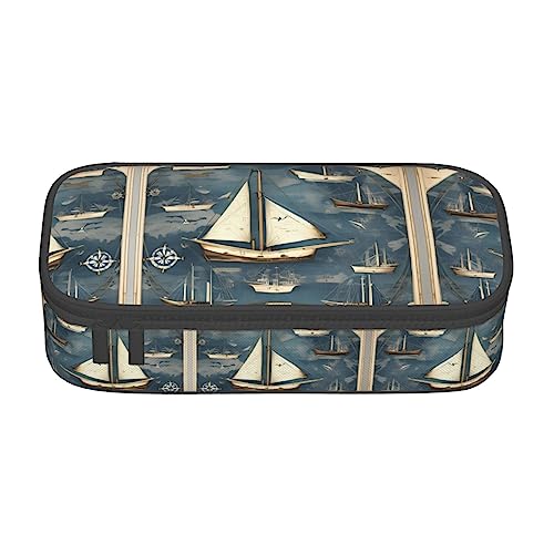 SdetYuia Federmäppchen mit nautischem Segelboot-Kartendruck, großes Fassungsvermögen, Stifttasche für Erwachsene, Kosmetiktasche, Schwarz , 8.3"x3.7"x2", Federmäppchen von SdetYuia