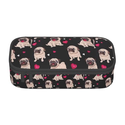 SdetYuia Federmäppchen mit niedlichem Mops-Aufdruck, großes Fassungsvermögen, Stifttasche für Erwachsene, Kosmetiktasche, Schwarz , 8.3"x3.7"x2", Federmäppchen von SdetYuia