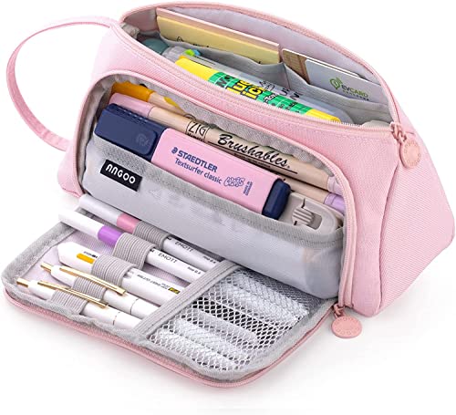 Federmäppchen Große Kapazität Federtaschen Teenager Mädchen Mäppchen mit Reißverschluss Frauen Make-up Tasche für Schule & Büro Mädchen Geschenk 21 x11 cm (Hellrosa) von SeBeLi