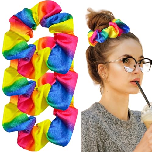 Haargummis in Regenbogenfarben, elastisch, Regenbogenfarben, Samt-Haarbänder, Pferdeschwanz-Halter, Party-Haargummis für Mädchen und Frauen, 3 Stück von SeBneny
