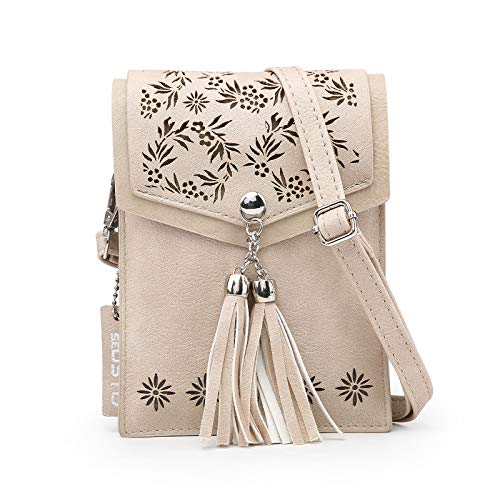 seOSTO Handytasche zum Umhaengen Damen,Handy Umhängetasche PU Leder Kleine Umhängetasche mit Quastenzubehör Schulterriemen Einstellbare Länge (Beige-Flowers) von seOSTO