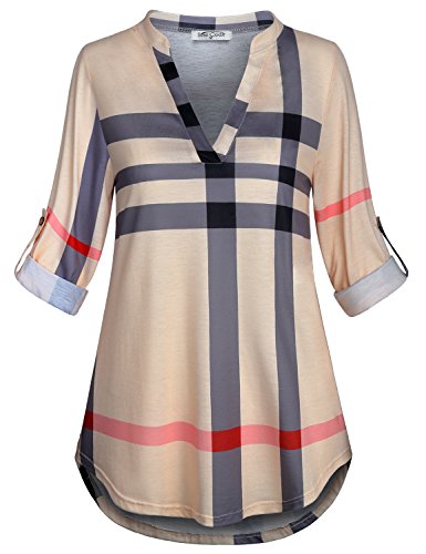 SeSe Code Damen-Bluse mit 3/4-Ärmeln, Kerbkragen, lockeres Oberteil - Beige - Large von SeSe Code