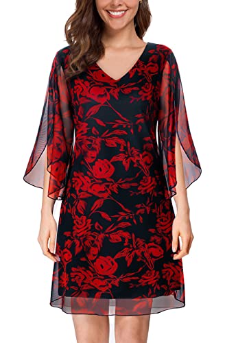 SeSe Code Damen Rüschen 3/4 Ärmel Stretchy Mesh Kleid Hochzeit Gäste Kleider, Blau-Rot Floral, Mittel von SeSe Code