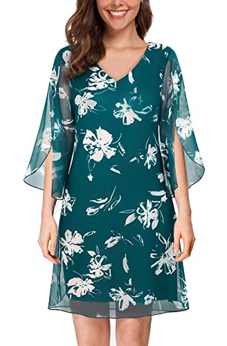 SeSe Code Damen Rüschen 3/4 Ärmel Stretchy Mesh Kleid Hochzeit Gäste Kleider, Grün-weißes Blumenmuster, Mittel von SeSe Code