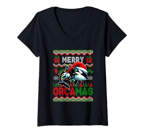 Damen Merry Orcamas Christmas Sweater Santa Orca Lover Kid Toddler T-Shirt mit V-Ausschnitt Damen Merry Orcamas Christmas Sweater Santa Orca Lover Kid Toddler T-Shirt mit V-Ausschnitt von Sea Animal Christmas Costume