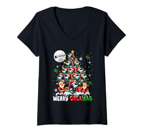 Damen Merry Orcamas Group Santa Orcas As Christmas Tree Lover Kids T-Shirt mit V-Ausschnitt von Sea Animal Christmas Costume