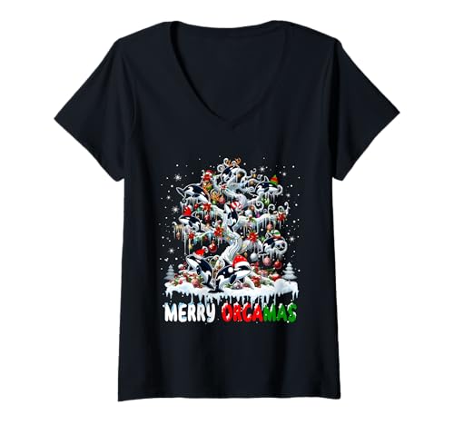 Damen Merry Orcamas Group Santa Orcas On Christmas Tree Lover Kids T-Shirt mit V-Ausschnitt Damen Merry Orcamas Group Santa Orcas On Christmas Tree Lover Kids T-Shirt mit V-Ausschnitt von Sea Animal Christmas Costume