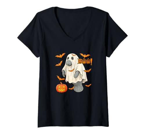 Damen Boo Halloween Seekuh Cosplay Geist Kostüm Tierliebhaber T-Shirt mit V-Ausschnitt von Sea Animal Halloween Costume