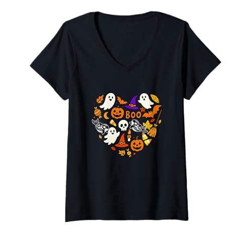 Damen Gruppe Orcas Boo Ghosts Candy Corns Halloween Herzform T-Shirt mit V-Ausschnitt von Sea Animal Halloween Costume