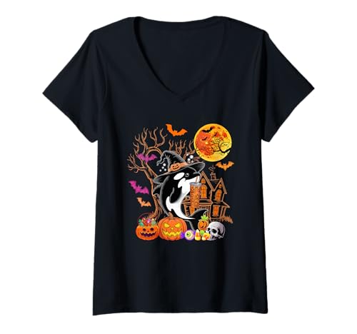 Damen Orca als Hexe trinkt Kaffee geschnitzter Halloweenkürbis T-Shirt mit V-Ausschnitt von Sea Animal Halloween Costume