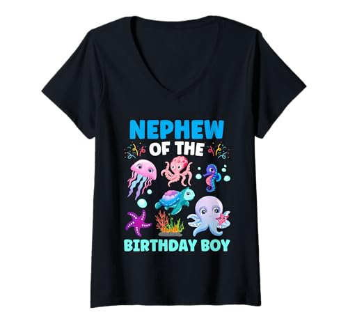 Damen Neffe Undersea Geburtstag Party Ocean Boy und Meerestiere T-Shirt mit V-Ausschnitt Damen Neffe Undersea Geburtstag Party Ocean Boy und Meerestiere T-Shirt mit V-Ausschnitt von Sea Animals Party Family Matching For Kids