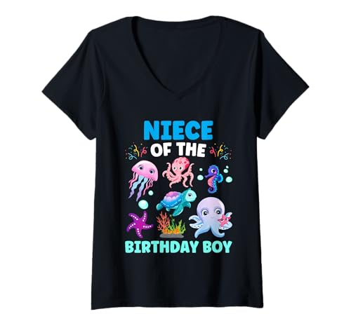 Damen Nichte Undersea Geburtstag Party Ocean Boy und Meerestiere T-Shirt mit V-Ausschnitt Damen Nichte Undersea Geburtstag Party Ocean Boy und Meerestiere T-Shirt mit V-Ausschnitt von Sea Animals Party Family Matching For Kids