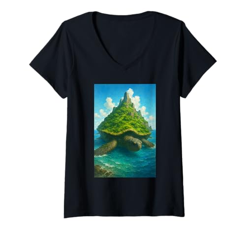 Damen Islandschildkröte, Fantasy-Kunst, Ozeanabenteuer T-Shirt mit V-Ausschnitt von Sea Flows
