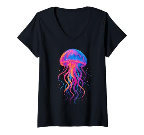 Damen Bunte aquatische Wirbellose Tiefsee-Quallen Kunst T-Shirt mit V-Ausschnitt von Sea Jelly Oceanic Wonders Biology Collective