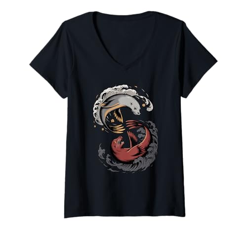 Damen Japanische Kunst Seelöwe Gut Und Teufel T-Shirt mit V-Ausschnitt von Sea Lion Lover Gifts