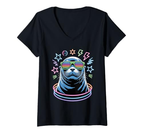 Damen Party Seelöwe Sonnenbrille T-Shirt mit V-Ausschnitt Damen Party Seelöwe Sonnenbrille T-Shirt mit V-Ausschnitt von Sea Lion Lover Gifts