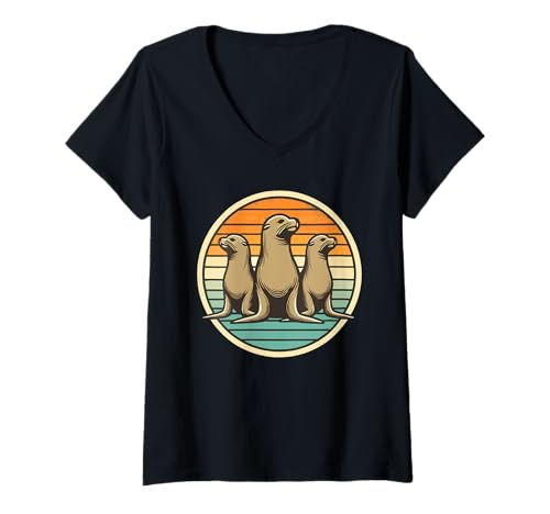 Damen Retro Sonnenuntergang Seelöwe Silhouette T-Shirt mit V-Ausschnitt von Sea Lion Lover Gifts
