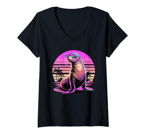 Damen Retro Synthwave Seelöwe Sonnenbrille T-Shirt mit V-Ausschnitt von Sea Lion Lover Gifts
