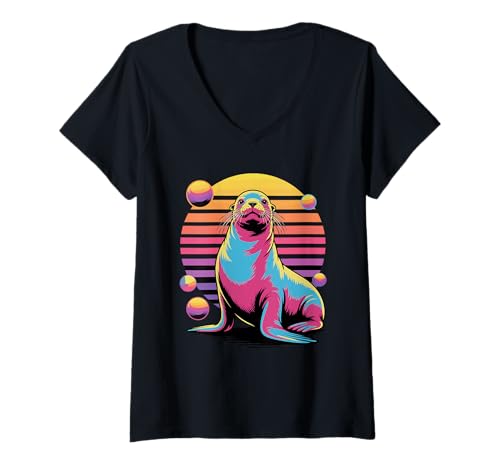 Damen Retro Synthwave Seelöwe T-Shirt mit V-Ausschnitt von Sea Lion Lover Gifts