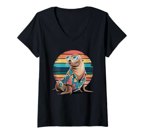 Damen Seelöwe Sonnenbrille Hawaii Strand Sommer Urlaub T-Shirt mit V-Ausschnitt von Sea Lion Lover Gifts