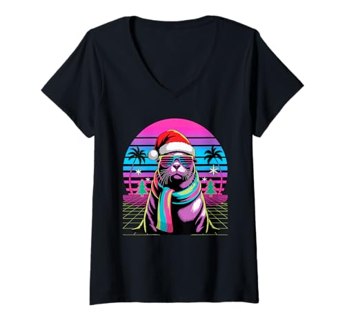 Damen Weihnachten Synthwave Seelöwe Sonnenbrille T-Shirt mit V-Ausschnitt Damen Weihnachten Synthwave Seelöwe Sonnenbrille T-Shirt mit V-Ausschnitt von Sea Lion Lover Gifts