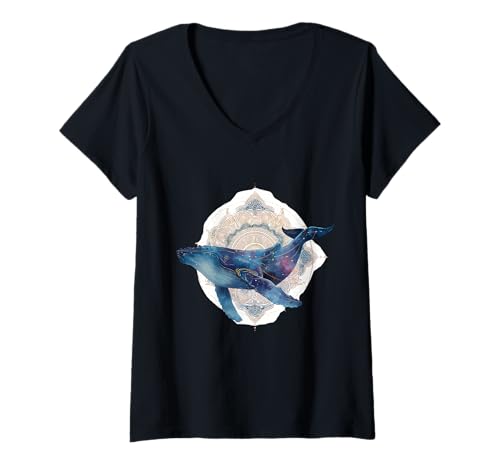 Damen Blauwal Meeresbiologie Tier Meer Ozean Buckelwal T-Shirt mit V-Ausschnitt von Sea Ocean Animal Art